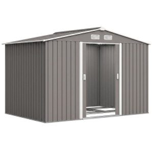 Outsunny 9 x 6FT Outdoor Garden Roofed Metal Storage Shed Tool Box with Foundation Ventilation & Doors Light, Grey