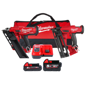 Milwaukee M18FPP2BE-522B 18V Cordless FUEL Angled Finish Nailer & Framing Nailer Twin Pack With 2 x Batteries, Charger & Tool Bag
