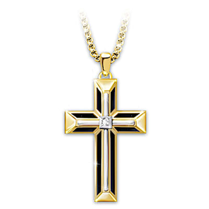 Genuine White Sapphire Strong In Faith Men's Cross Necklace