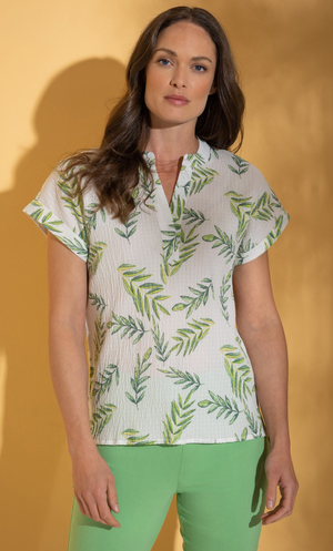 Leaf Printed Seersucker Top - White/Green
