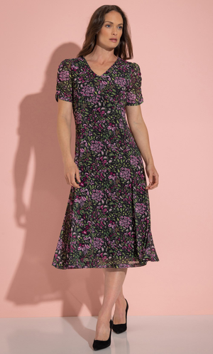 Printed Mesh Midi Dress - Black/Khaki/Pink