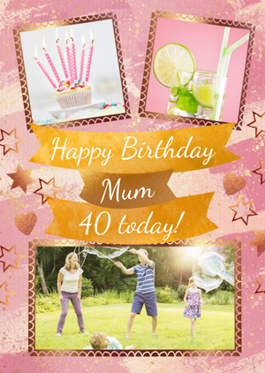Mum 40 Today Photo Upload Pink And Gold Birthday Card