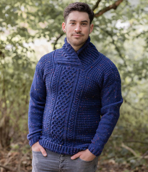 Mens Shawl Neck Aran Jumper in Emu Classic Aran With Wool Tweed and Classic Aran with Wool (1004) 