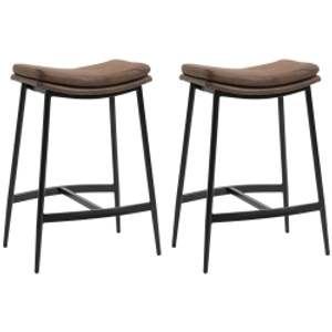 HOMCOM Breakfast Bar Stools Set of 2, Microfibre Upholstered Barstools, Industrial Bar Chairs with Curved Seat and Steel Frame for Dining Room, Kitchen, Brown