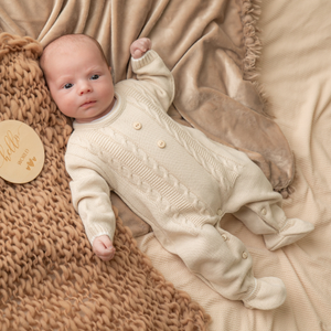 Millie & Ralph Taupe Cable Button Onesie