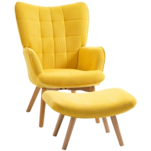 HOMCOM Modern Accent Chair with Ottoman, Living Room Chairs with Steel Frame, Wooden Legs for Living Room, Study, Bedroom and Home Office, Yellow