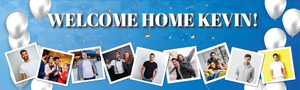 Personalised Welcome Home Banner - Blue &amp; White Balloons - Custom Name &amp; 9 Photo Upload