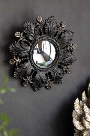 Small Black Flowers & Leaves Convex Mirror