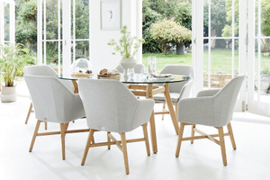180cm Henley Oval Dining Table with Teak frame and Glass top with 6 Richmond Armchairs + Honeycomb fabric with Teak Legs