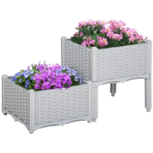 Outsunny Set of 2 Garden Raised Bed with Self-watering Disc, Elevated Planter Box, PP Vegetables Planting Container, Grey