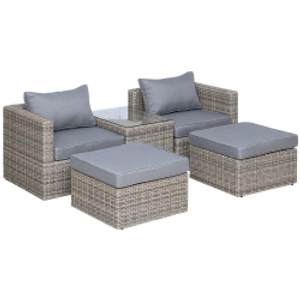 Outsunny 5 Pcs Rattan Garden Furniture Set w/ Tall Glass-Top Table Aluminium Frame Plastic Wicker Thick Soft Cushions Comfortable Outdoor Balcony Home Sofa - Brown