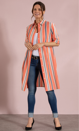 Striped Cotton Longline Shirt - Orange/Black/Ecru