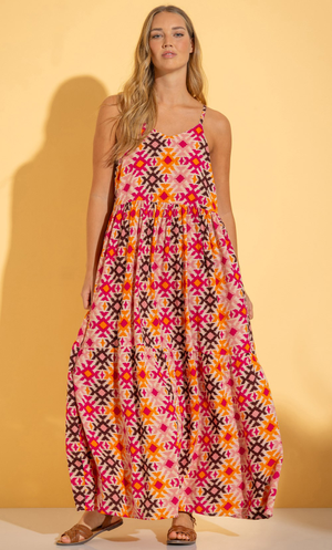 Aztec Print Relaxed Fit Strappy Maxi Dress - Orange/Pink