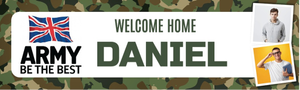Personalised Welcome Home Banner - Army Camo Design - Custom Name &amp; 2 Photo Upload