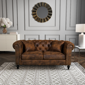 Faux Leather Suede Brown 2 Seater Chesterfield Sofa With Wooden Feet CAMDEN