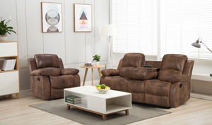 Faux Leather Suede Brown 3 + 1 Seater Manual Recliner Sofa Set VALENCIA