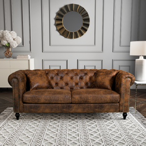 Faux Leather Suede Brown 3 Seater Chesterfield Sofa With Wooden Feet CAMDEN
