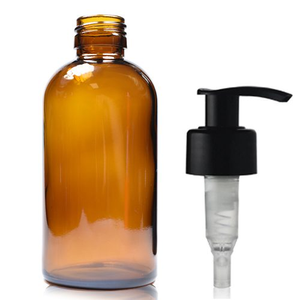 200ml Amber Glass Boston Bottle & 28mm Standard Lotion Pump - Smooth Black (Lock Up)
