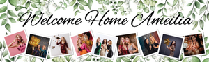 Personalised Welcome Home Banner - Green Floral - Custom Name &amp; 9 Photo Upload