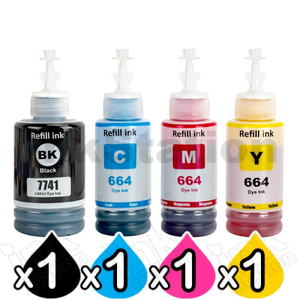 4-Pack Compatible for Epson T774 + T664 EcoTank Ink Bottles [BK+C+M+Y]
