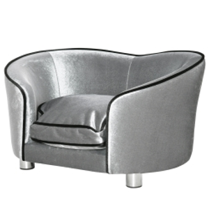 PawHut Dog Sofa Pet Chair, Kitten Bed Couch w/ Wooden Frame, Removable Cushion - Silver-Tone and Grey