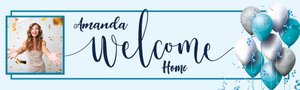 Personalised Welcome Home Banner - White &amp; Blue Party Balloons - Custom Name &amp; 1 Photo Upload