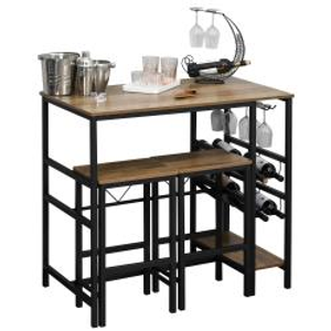 HOMCOM 3 Pieces Dining Table and Chair  Bar Bistro Set with 8-bottle Wine Rack and Cup Holder, Metal Frame for Kitchen, Dining Room, Living Room, Pub