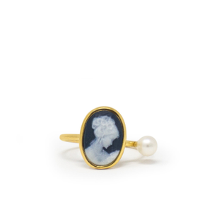 Black Mini Cameo & Pearl Ring (M 1/2 (UK))
