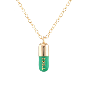 Chill Pill Enamel Necklace Gold Filled & Emerald Enamel (16")