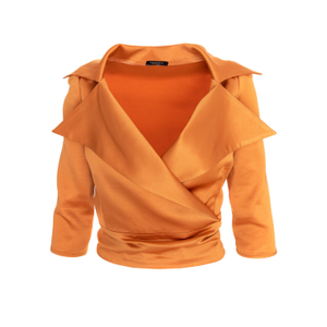Satin Lapel Wrap Blouse With Bow - Orange (M)