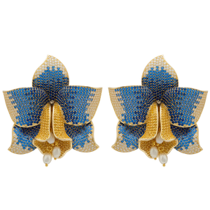 Daffodil With Pearls Earrings Gold Sapphire Cz