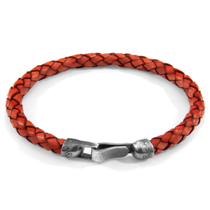 Amber Red Skye Silver & Braided Leather Bracelet (L)