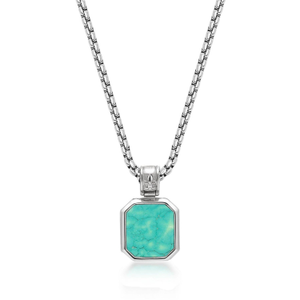 Silver Necklace With Square Turquoise Pendant (22")