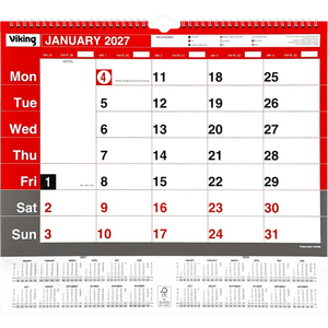 Viking Calendar 2027 1 Month per page 42 (W) x 37.3 (H) cm Red, White