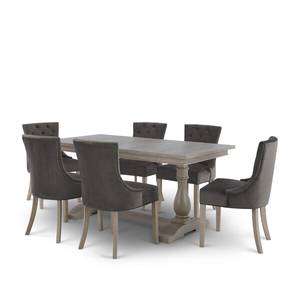 Burleigh 5ft11" Dining Table and 6 Isobel Chairs in Storm Grey Velvet with Weathered Oak Legs