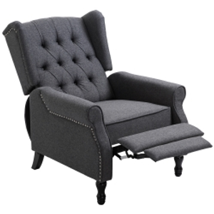 HOMCOM Recliner Armchair, Vintage Reclining Chair with Nail Head Trim, Wingback Chair with Button Tufted Back and Footrest, for Living Room, Dark Grey