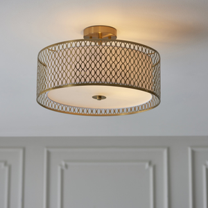 101568 Cordero 3 Light Flush Ceiling Light Gold Effect Plate, White Fabric & Frosted Glass