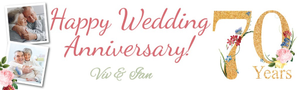 Personalised 70th Wedding Anniversary Banner - Floral Design - Custom Text &amp; 2 Photo Upload