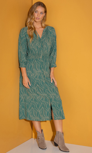 Leaf Print Midaxi Shirt Dress - Green