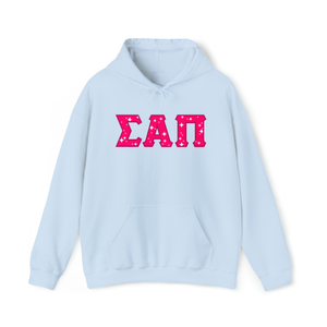 SIGMA ALPHA PI Heavy Hooded Sweatshirt - Pink on Blue