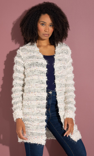 Stripe Mix  Knitted Edge To Edge Cardigan - Beige