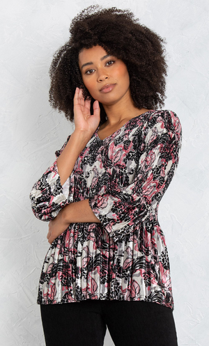 Velour Floral Print Pleated Top - Black/Pink