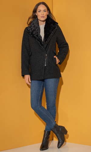 Faux Fur Collar Trim Boucle Coat - Black