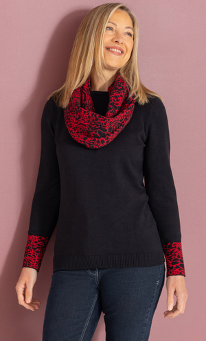 Anna Rose Knitted Top With Scarf - Black/Red