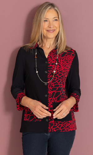 Anna Rose Patchwork Blouse With Necklace - Red/Black