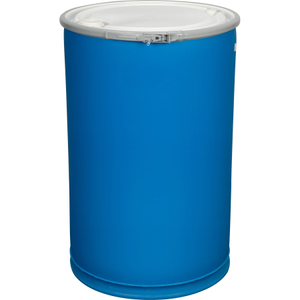 55 Gallon Blue Plastic Drum Straight Sided UN Rated Cover w/Metal Lever Lock 2" & 3/4" Fittings