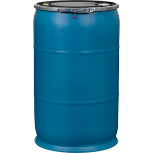 57 Gallon Blue Plastic Drum UN Rated 2” & 3/4” Fittings Black Cover w/Lever Lock Ring