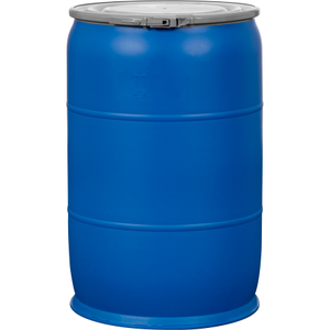 57 Gallon Blue Open Head Plastic Drum UN Rated Plain Natural Cover w/Lever Lock Ring