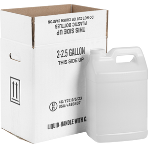 2.5 Gallon Natural HDPE Plastic F-Style Bottle 63mm 63-445 14.36" H 2x1 White Reshipper Box UN Rated