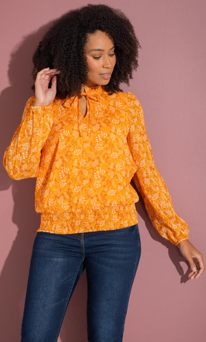 Shirred Hem Botanical Print Chiffon Top - Orange